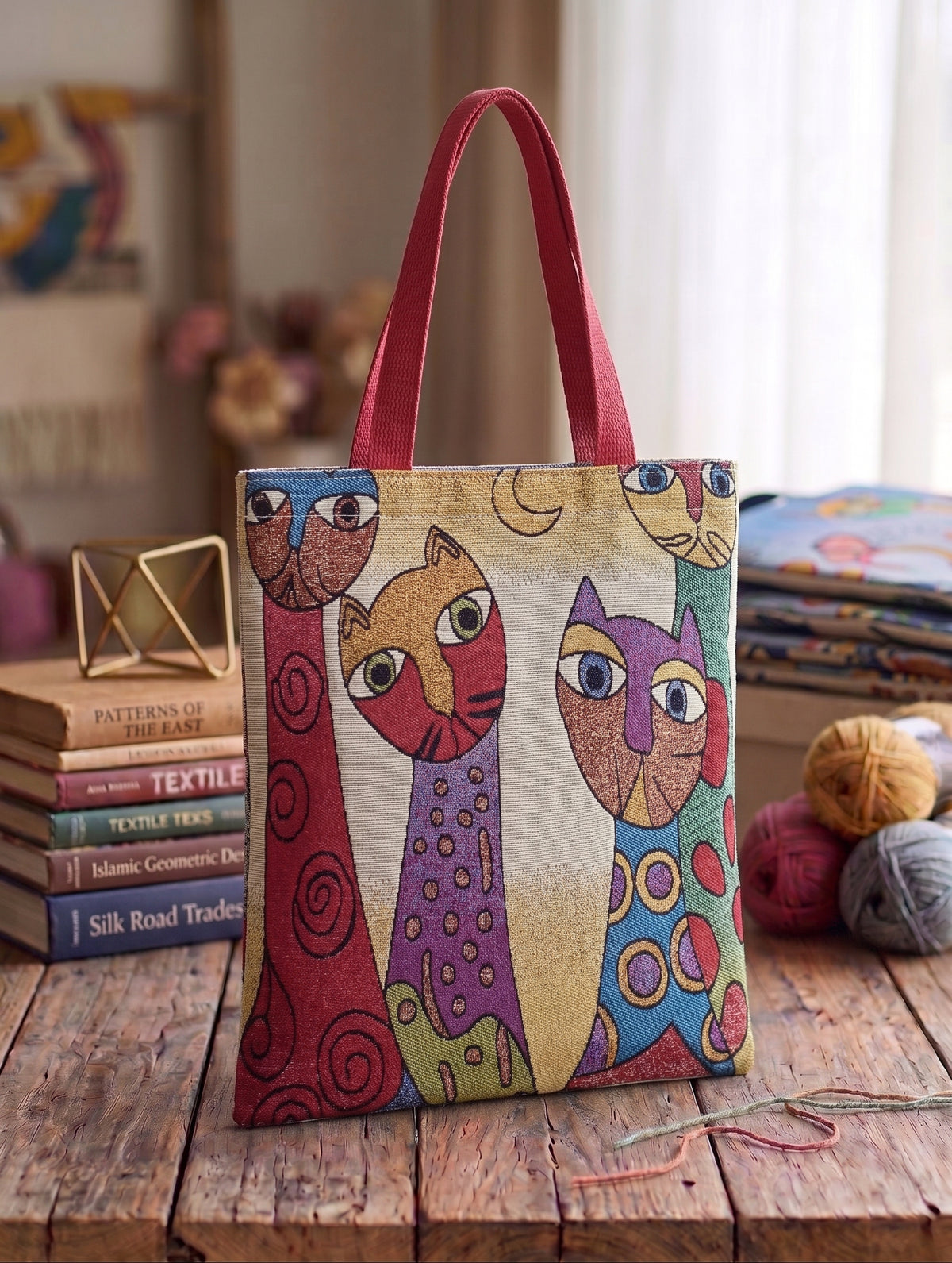 Modigliani Cats Uzun Boyunlu Sanatsal Kedi Desenli Goblen Dokuma Bez Çanta – Bohem Omuz Çantası